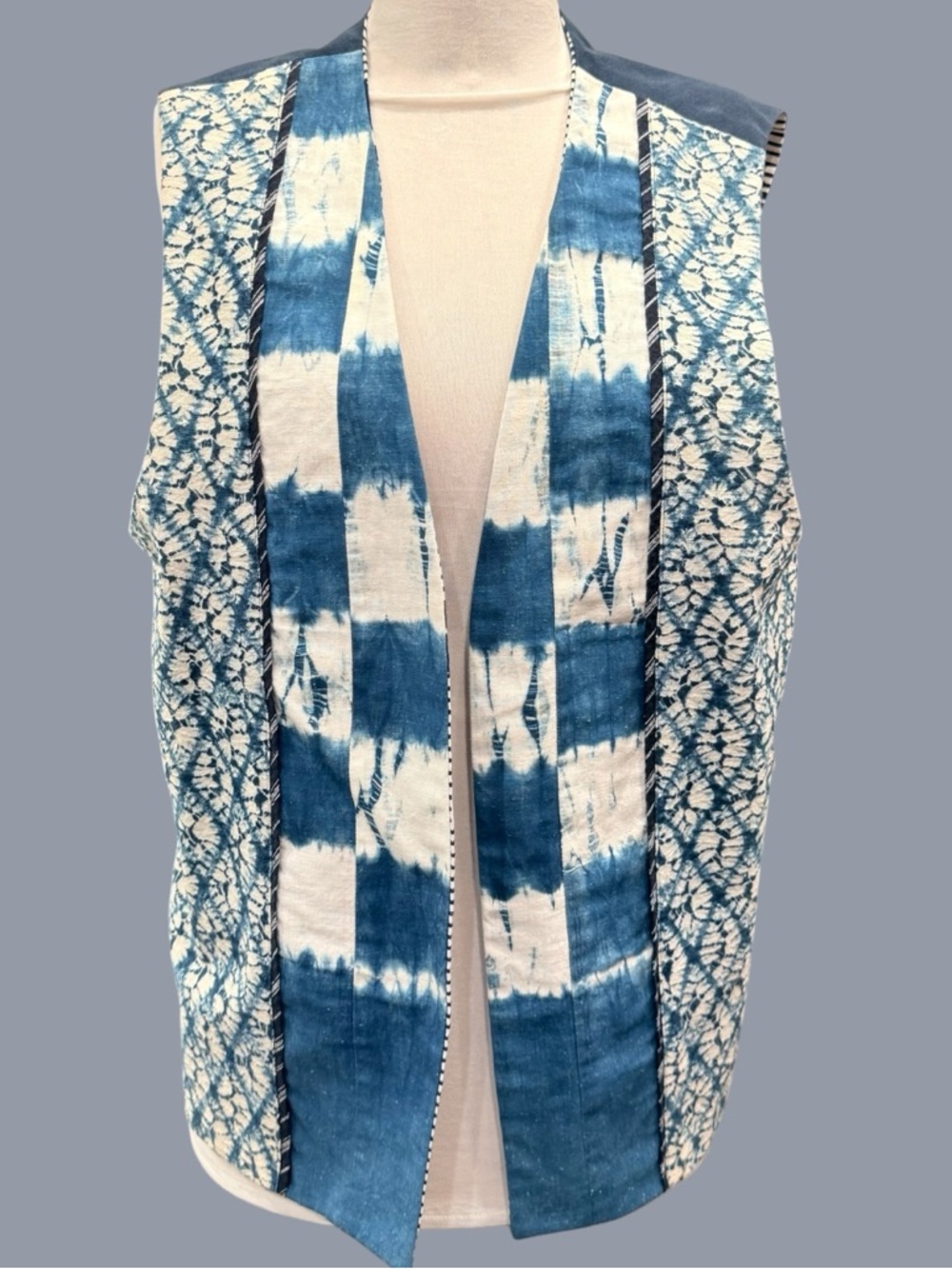 Nui Mono Hawaii Womens Sz M Kasuri Japanese-Inspired Patchwork Vest Button Blue